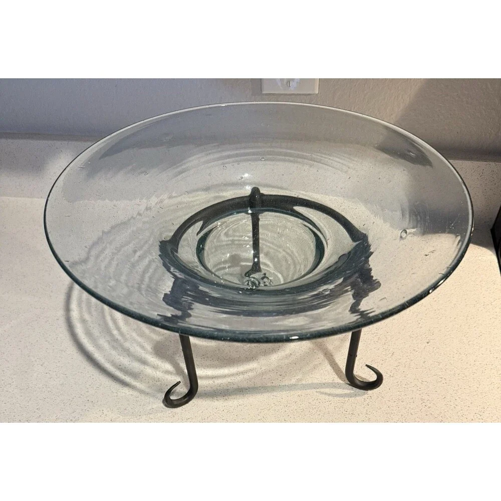 Hand Blown Thick Transparent Funnel Glass Wrought Iron 3 Leg Stand